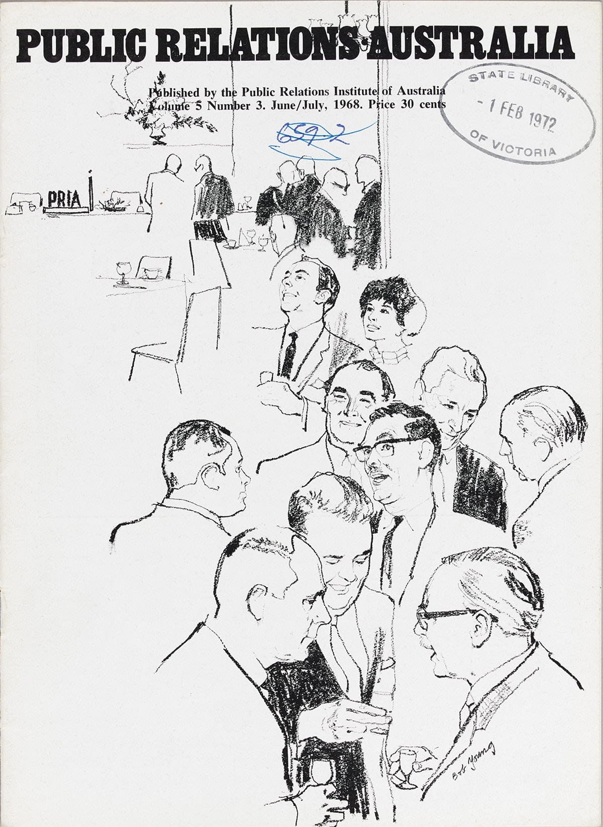 Woman at work: Penny Cresswell depicted as the sole female in the room on the cover of the Public Relations Journal. Image: State Library of Victoria. 