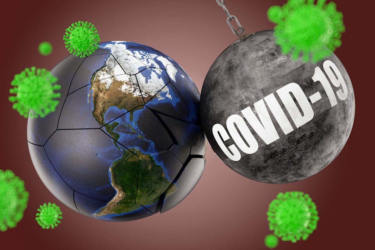 COVID-19 Wrecking Ball with Viruses. 3d Render Earth globe