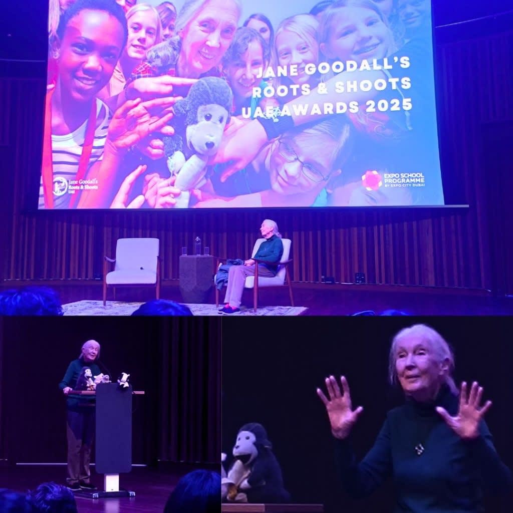 Jane Goodall speaks at a Roots and Shoots awards night