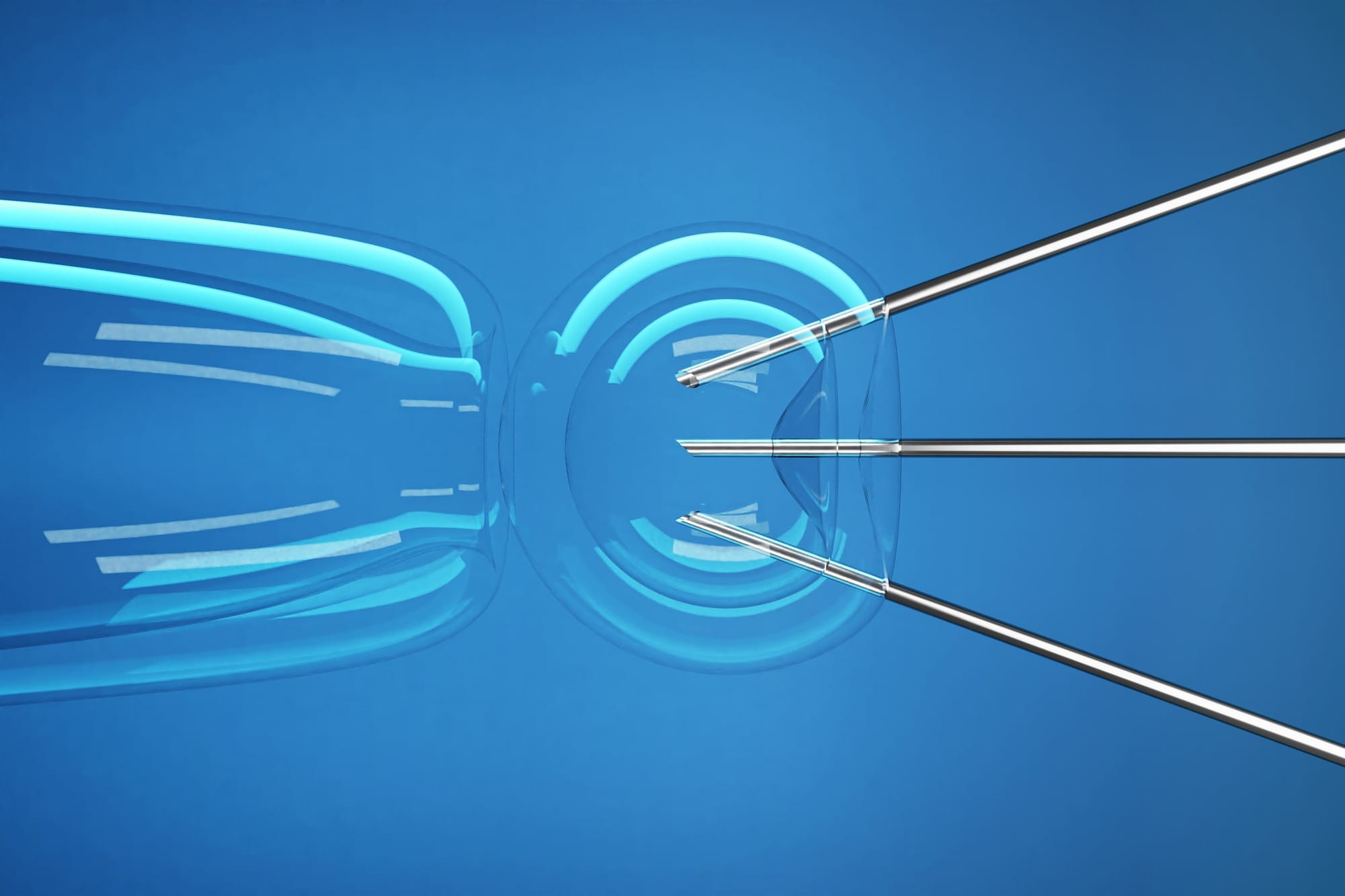 Multiple human DNA is being injected into an egg by sharp metal needles – illustration of the concept of Mitochondrial Replacement Therapy (MRT)