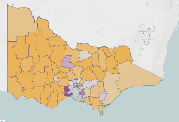 Map depicting anti-psychotic-related ambulance attendances by local government area in Victoria, 2013-22