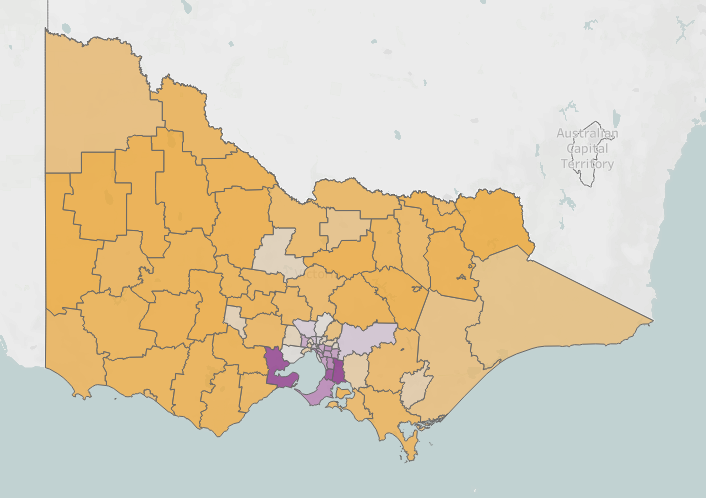 Map depicting alcohol and drug-related (any) hospital presentations by local government area in Victoria, 2012-21. 