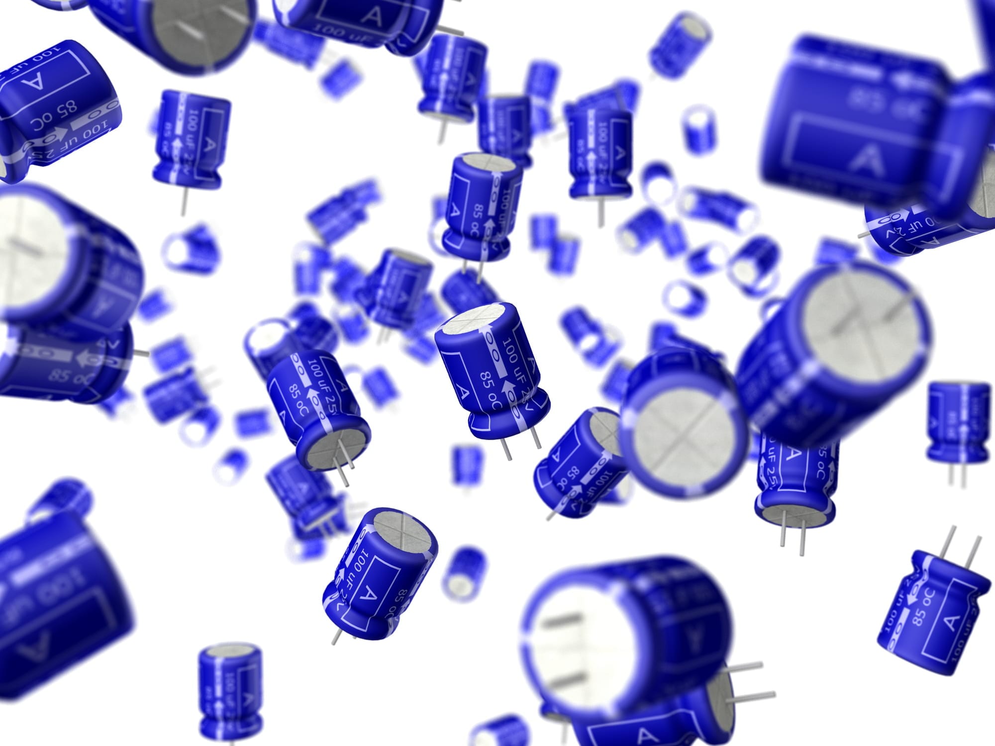 Absract image of blue capacitors floating in space on a white background.