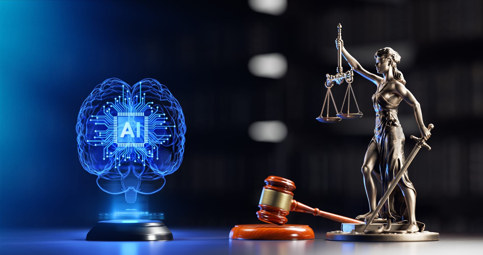 Scales of justice and AI bubble with a judge's gavel.
