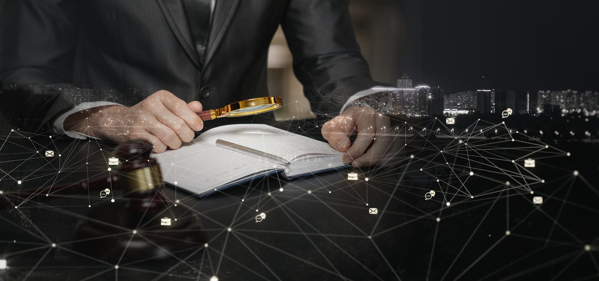 Man with a suit studying a book with a magnifying glass.