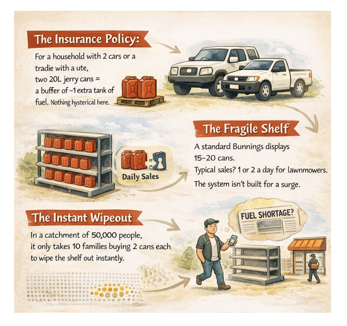 Graphic depicting the steps leading to a shortage of jerry cans