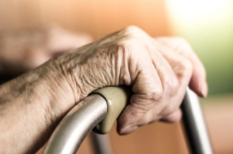 Close-up of an elderly woman's hands on a walking frame