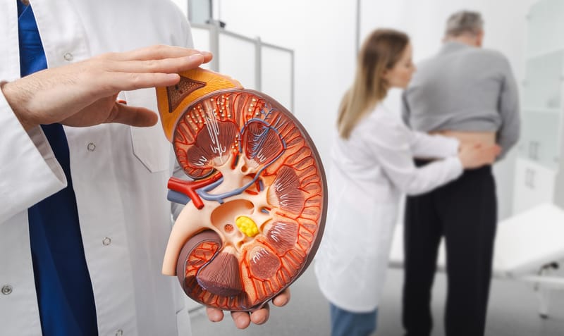 A doctor using a kidney anatomical model during a consultation.